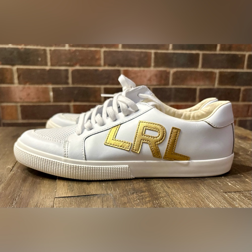 Ladies Ralph Lauren Sneakers - White with Gold LRL Logo - Size 9.5
